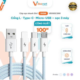 Cáp sạc nhanh 3in1 VIBONET 100W 3 Cổng L, Type-C, Micro-USB Chuẩn sạc nhanh PD Nhỏ Gọn An Toàn | Chính hãng VB