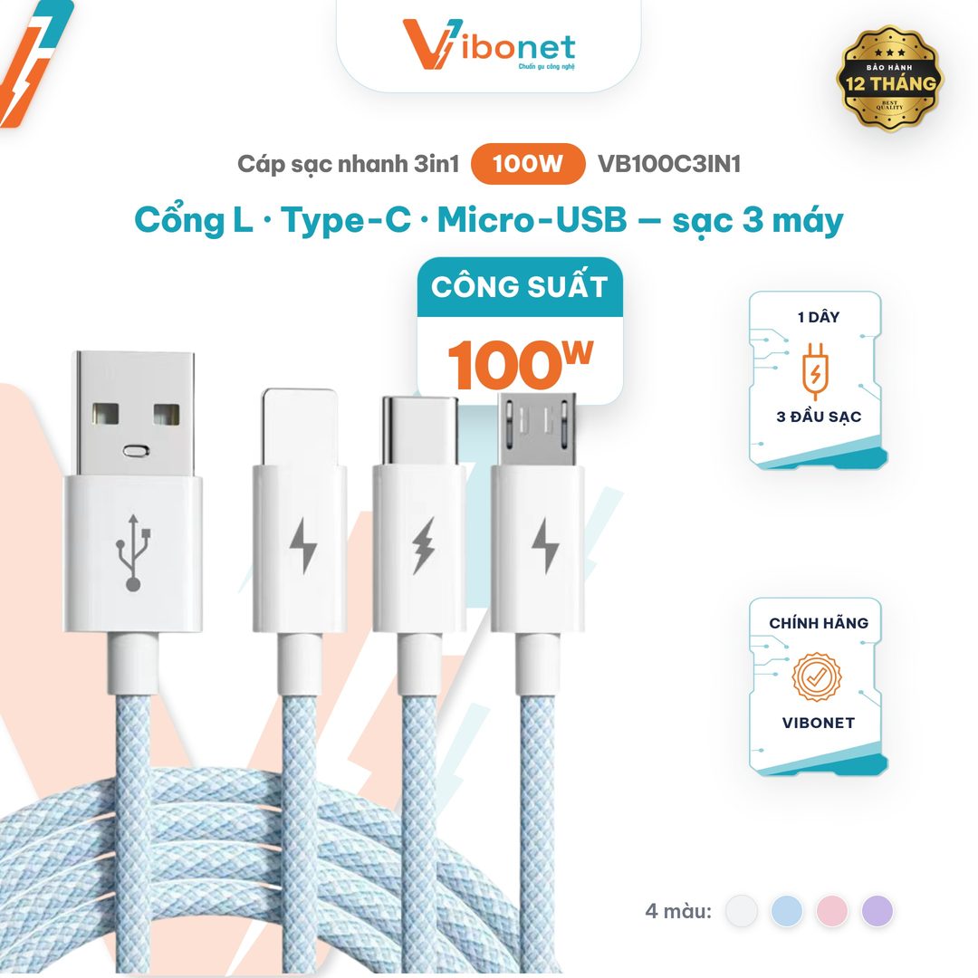 Cáp sạc nhanh 3in1 VIBONET 100W 3 Cổng L, Type-C, Micro-USB Chuẩn sạc nhanh PD Nhỏ Gọn An Toàn | Chính hãng VB