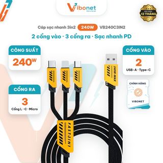 Cáp sạc nhanh 3in2 VIBONET 240W 2 Cổng vào 3 Cổng ra Cổng L, Type-C, Micro-USB Chuẩn sạc nhanh PD Nhỏ Gọn An T