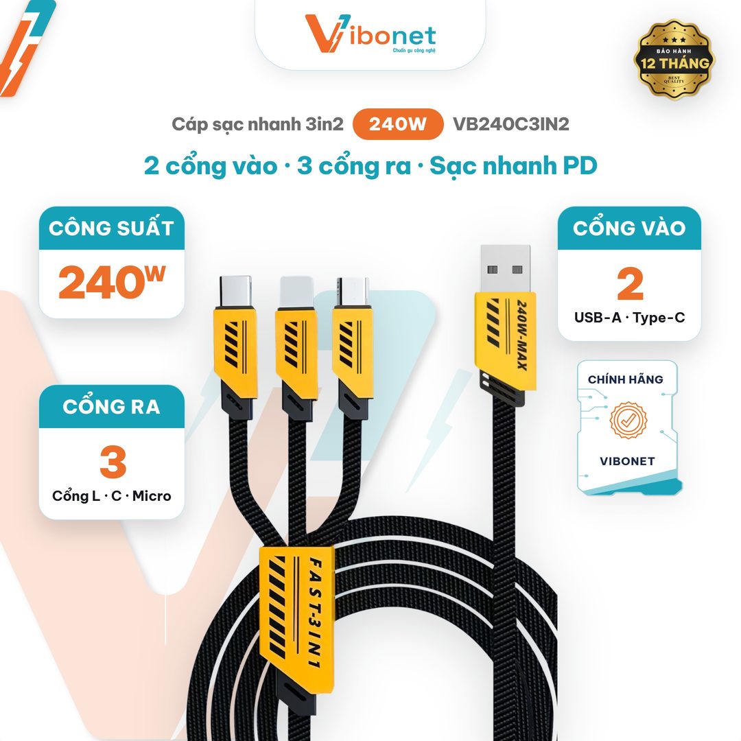Cáp sạc nhanh 3in2 VIBONET 240W 2 Cổng vào 3 Cổng ra Cổng L, Type-C, Micro-USB Chuẩn sạc nhanh PD Nhỏ Gọn An T