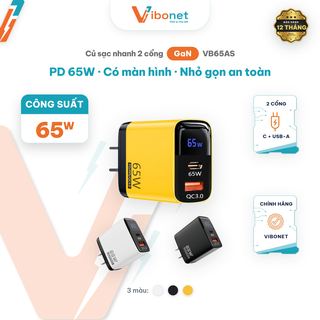 Củ sạc nhanh VIBONET PD 65W 2 Cổng Type-C và USB-A Công nghệ GaN Có màn hình Nhỏ Gọn An Toàn | Chính hãng VB65