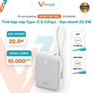 Pin dự phòng Aukey PB-Y91L 10.000mAh 22.5W (tích hợp cáp Type-C & Lightning)