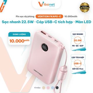 Pin dự phòng Vention 10.000mAh 22.5W tích hợp cáp Type-C, màn LED