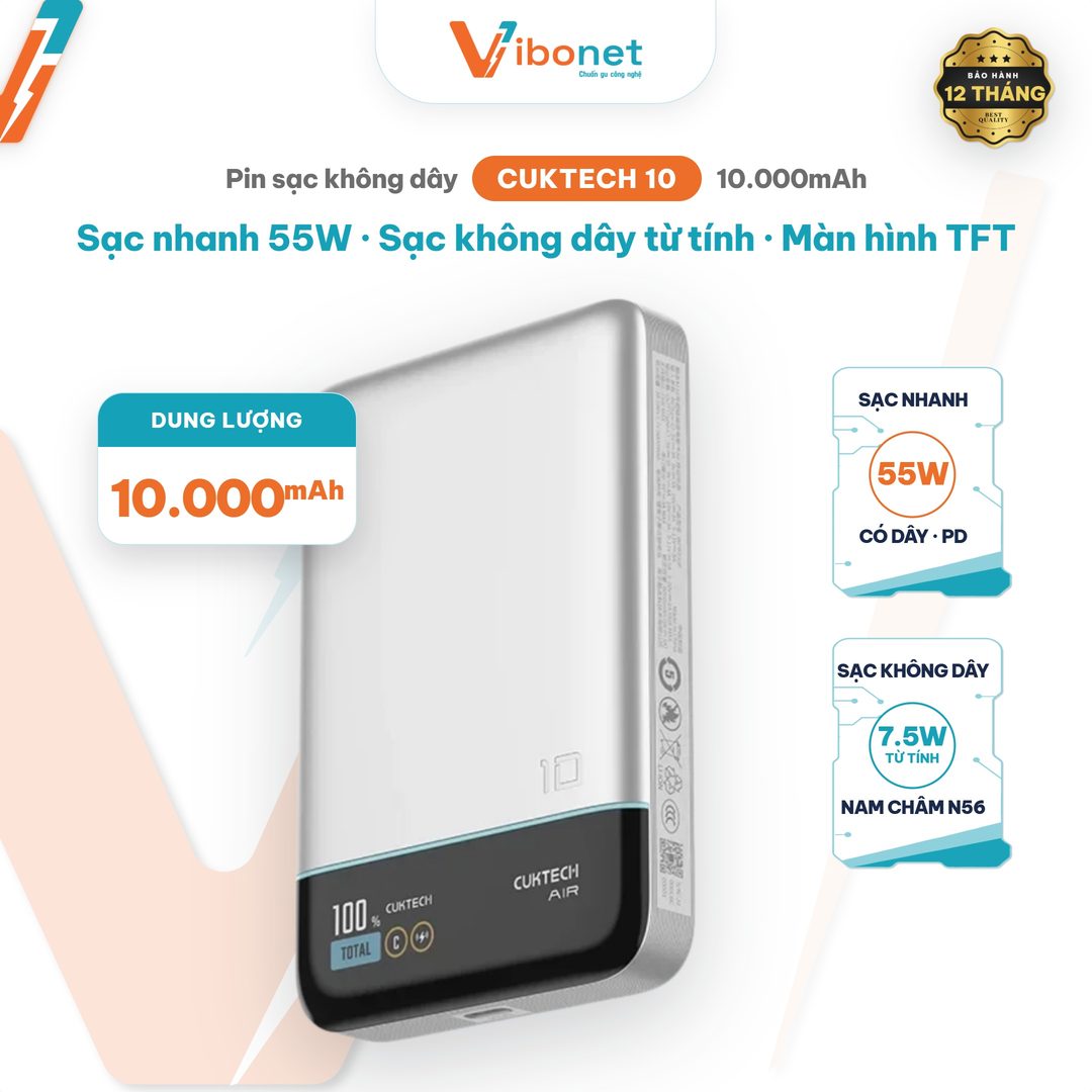 Pin dự phòng từ tính Cuktech 10 Air 10.000mAh 55W (sạc không dây)
