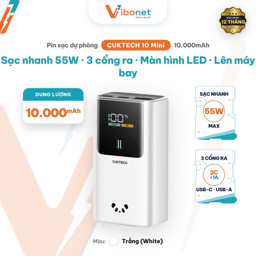 Pin dự phòng Cuktech 10 Mini 10.000mAh 55W (2C+1A, màn LED)