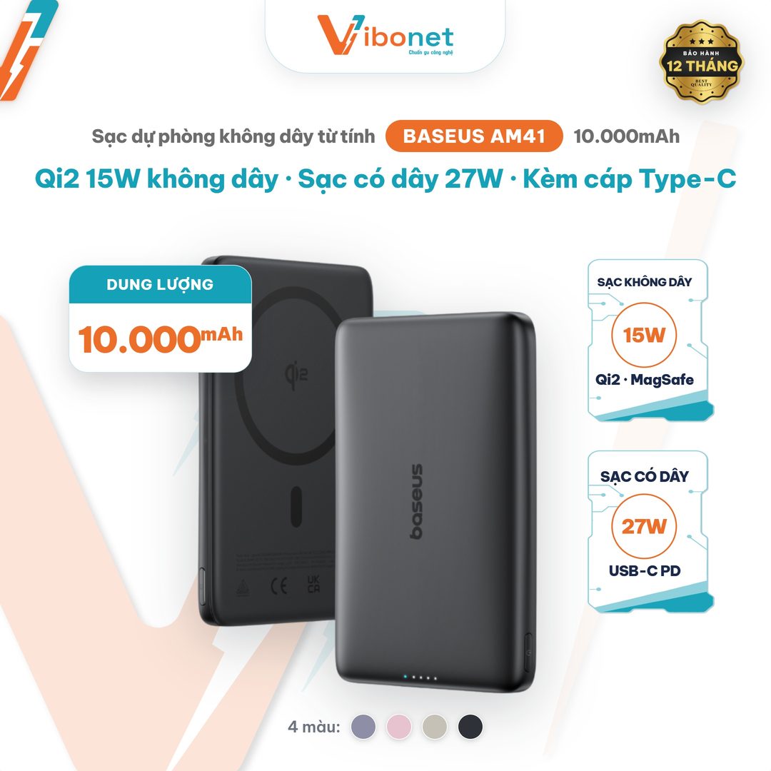 Pin dự phòng không dây Baseus PicoGo AM41 Qi2 10.000mAh 27W siêu mỏng